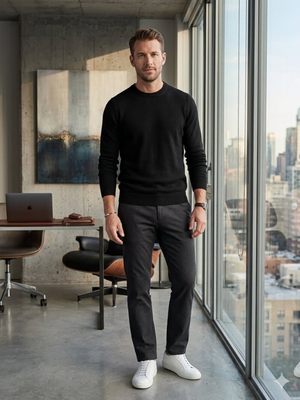 Tahari Men’s Size Large Black 100% Extra Fine Merino Wool Long Sleeve Sweater